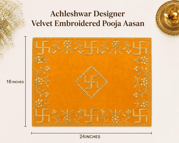 Yellow velvet pooja aasan cloth with gold embroidery and geometric motifs