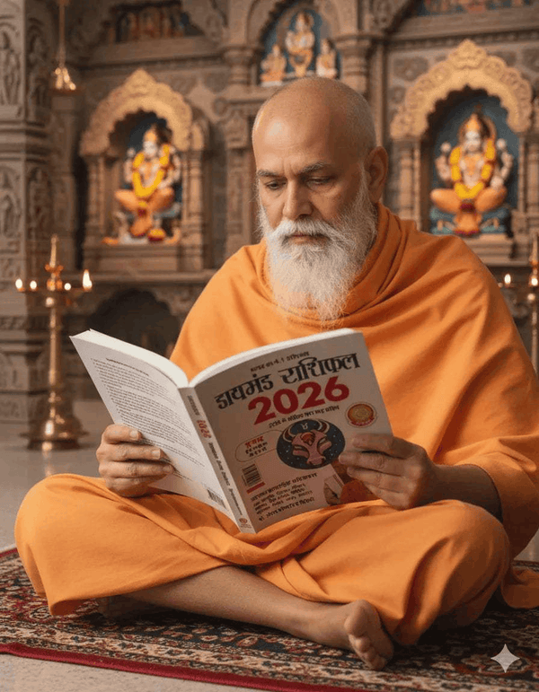 Hindi astrology book Diamond Rashifal 2026, open while seated in orange robe
