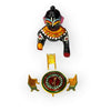 Krishna idol with toy dining table and four small chairs, round red tabletop