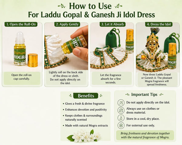 Mogra itra for pooja roll-on usage guide with step icons and bottle