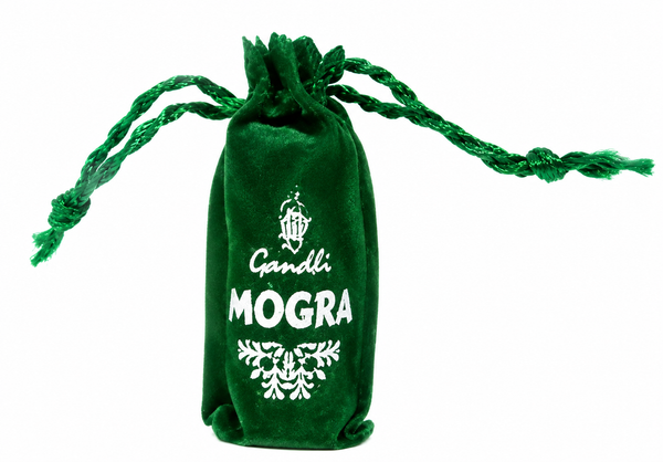 Green velvet drawstring pouch with Gandhli Mogra print