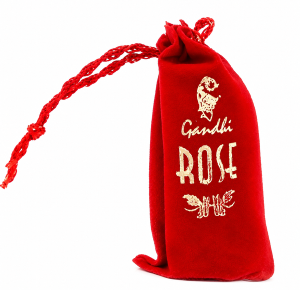 Red cloth drawstring pooja pouch with dangling cord and printed god charm
