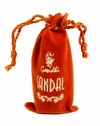 Orange velvet drawstring pouch with printed 'SANDAL' text.