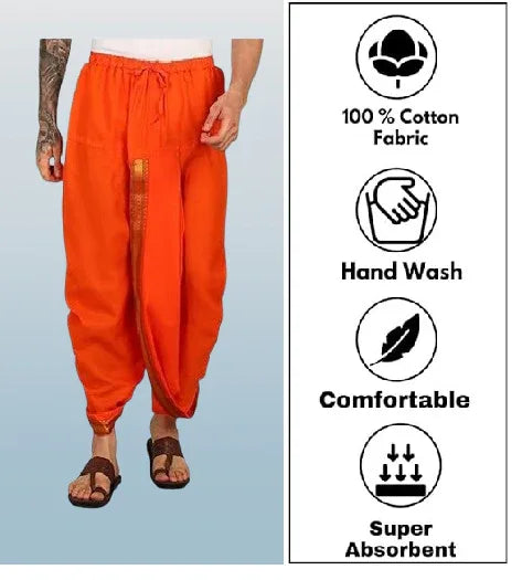 Pure cotton readymade dhoti free size orange colour with Thick embroidery border - Achleshwar