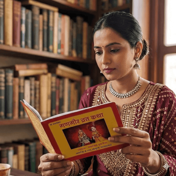 Festival book with red cover, held open in hands while reading