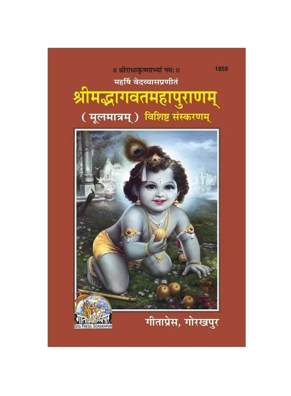 Geetapress Bhagwat Mool book cover with illustrated child deity, owl, and title text.