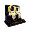 Marble dust idol statue with two standing faces, decorated in white and yellow on dark base