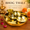 Round golden Bhog thali plate with four small brass bowls for prasad
