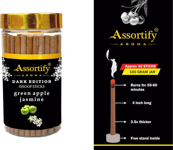 Green Apple Jasmin Dhoop Sticks Jar|Natural Ingredients||100Gm Jar Packaging | Less Smoke|