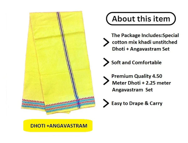 Regular unstiched dhoti set with angvastram cotton with khadi yellow colour - Achleshwar