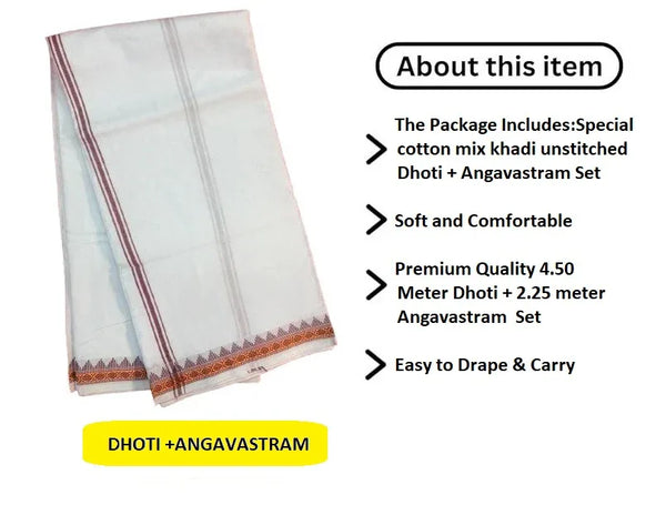 Regular unstiched dhoti set with angvastram cotton with khadi white colour - Achleshwar