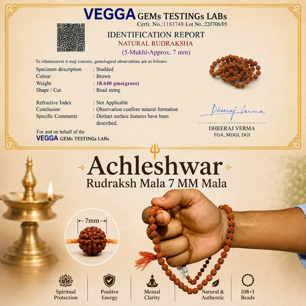 Lab Certified 5 Mukhi Rudraksha Mala 108+1 Beads for Japa & Meditation | 4mm–8mm | Authentic Natural Rudraksha with Certificate | Achleshwar