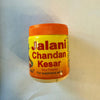 Jalani Chandan Kesar tika powder jar, front label in red on yellow