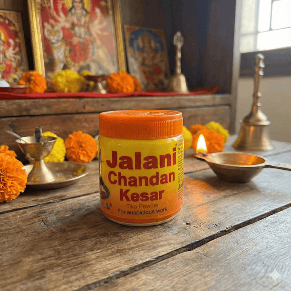 Tika powder jar with orange lid, Jalani Chandan Kesar label