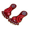Two red rhinestone footprint toy pieces with gold trim and round gem centers