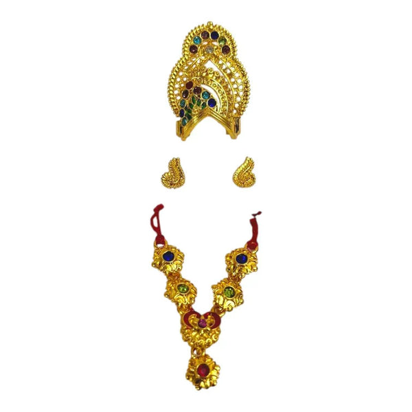 Gold-toned crown, necklace, and earrings set with blue and red stones