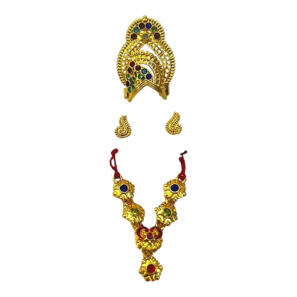 Gold-toned crown and necklace set with matching drop earrings, oval blue stones
