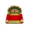 Peacock-themed wooden throne seat with ornate green and gold arch and red cushion