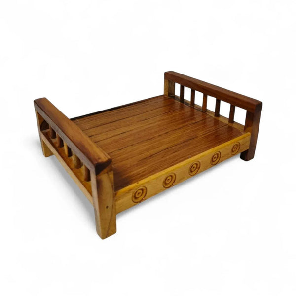 Teak wooden mini charpai bed with slatted rails and carved side panels