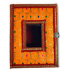 Decorative velvet storage box panel with dark mesh window and gold trim