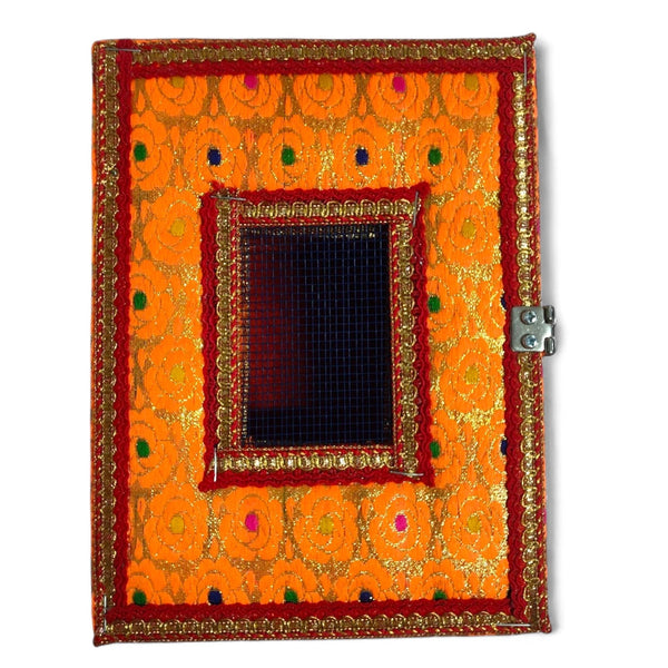 Decorative velvet storage box panel with dark mesh window and gold trim