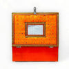Decorative velvet storage box with transparent window, orange fabric, gold border