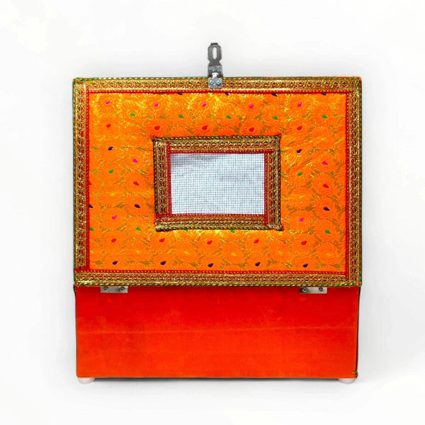 Decorative velvet storage box with transparent window, orange fabric, gold border