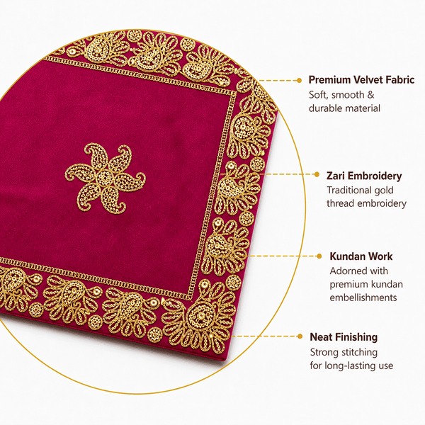Square velvet pooja aasaan cloth, dark pink with gold embroidered corner and border