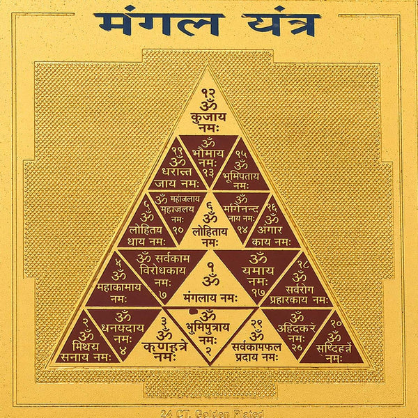 Close-up of gold card with maroon triangular yantra diagram