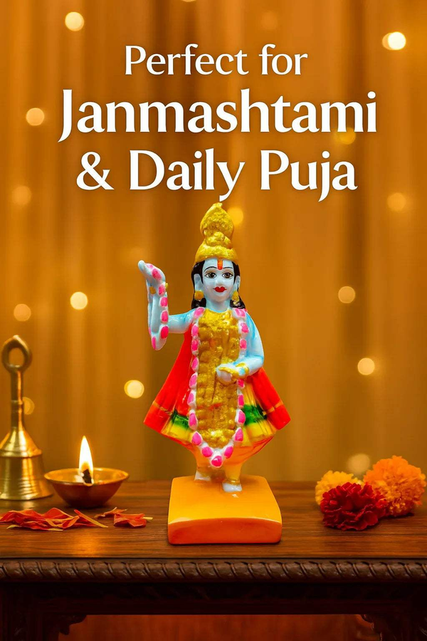 Blue-skinned goddess idol statue with gold crown, red dress, flower garland, yellow base