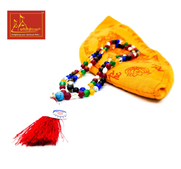 Multicolor bead mala necklace with red tassel and orange fabric pouch