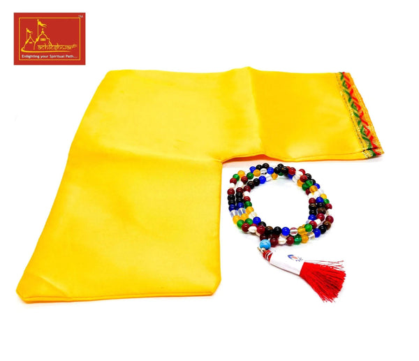 Multicolor bead mala with red tassel and yellow fabric pouch