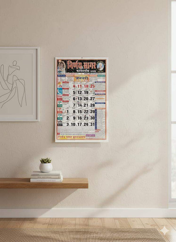 Framed Hindi calendar 2026 on wall, small calendar poster with colorful date grid