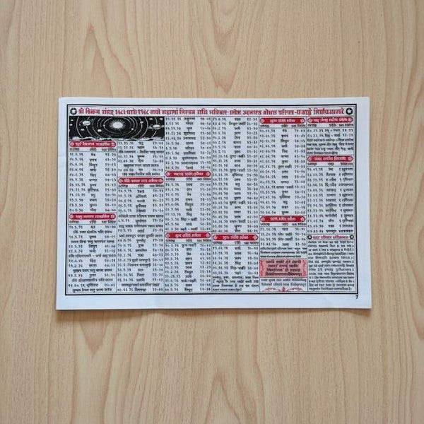 Nirnaya Sagar vedic panchang book page with multi-row tables and red highlights