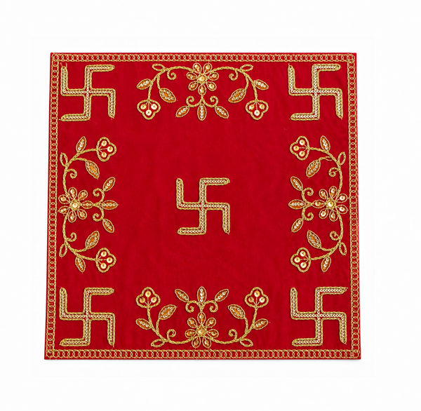 Designer Square Velvet Embroidered Red Pooja Aasan Cloth for Mandir | Premium Altar Cover for Temple, Puja Chowki, Home Shrine & Diwali Decoration
