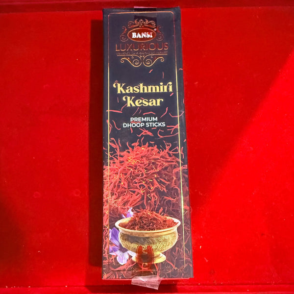 Dhoop incense stick box labeled Kashmiri Kesar, Premium Dhoop Sticks by Bansi