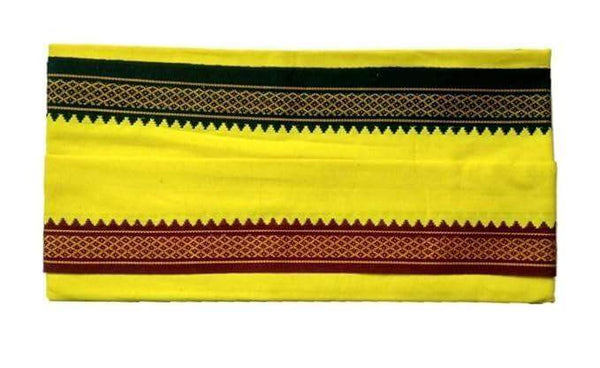 Yellow cotton gamcha/patka with dark woven border and maroon stripe