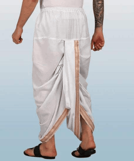 White cotton dhoti with thick embroidered border and pleated front drape