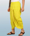 Pure cotton dhoti in bright yellow with thick embroidered border, loose pleated fit