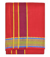 Red cotton dhoti with gold vertical stripes and blue patterned border