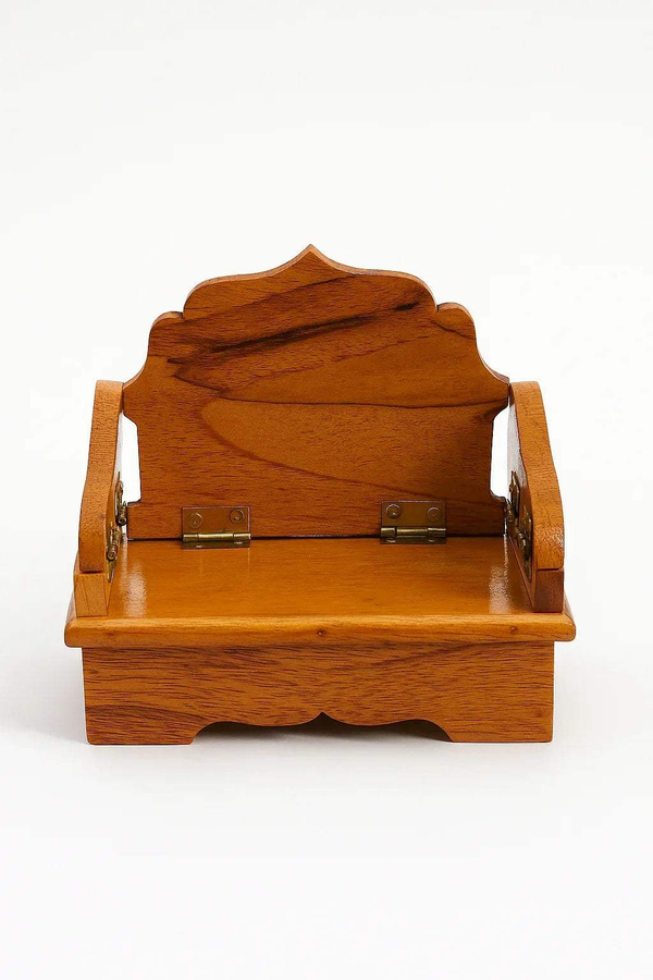 Wooden Bal Gopal singhasan with hinged front, scalloped backrest, brass-toned latches