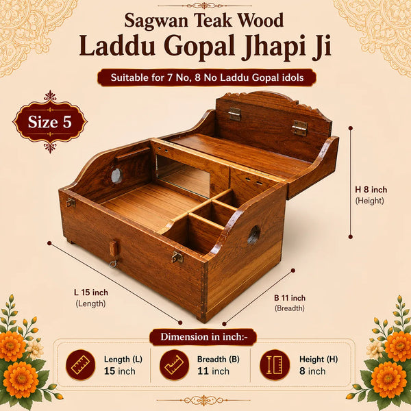 Sagwan Wooden Jhapi Ji for Laddu Gopal | Premium Teak Wood Storage Box for Bal Gopal Idol, Safe Keeping, Temple & Travel Use | Achleshwar