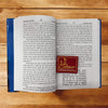 Open Hindi book with dense text and blue cover, featuring a red devotional emblem bookmark