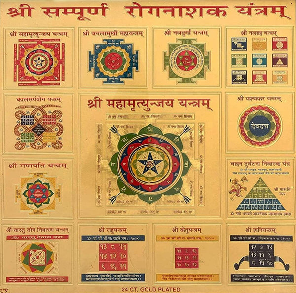 Yantra chart with multiple circular symbols, seals, and text panels in gold print