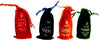 Set of four itra bottle drawstring pouches: red, black, orange, and green.