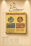 Framed golden yantra chart with blue and maroon deity circles and size dimensions.