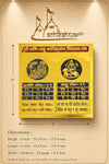 Gold yantra chart with deity medallions, numeric grid, and size measurement marks