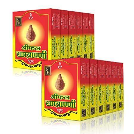Shriphal dhoop incense cone boxes, maroon packaging with cone logo and label text