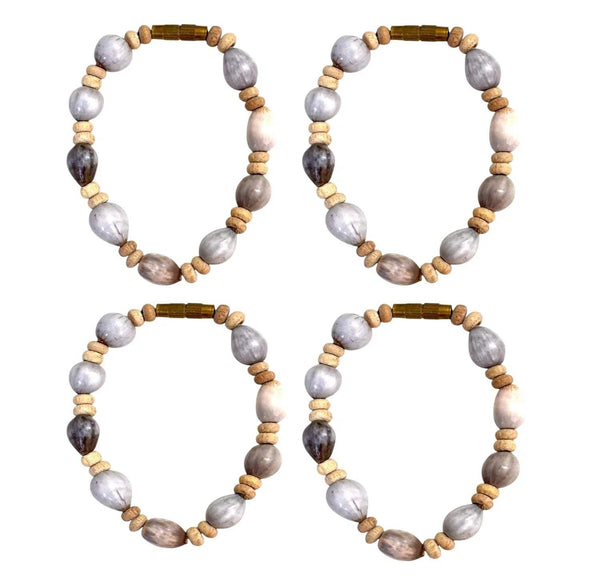 Pack of 4 small bead mala garlands, gray stone and wood beads with gold spacers