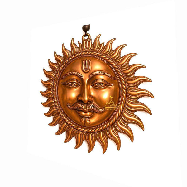 Surya Dev copper wall hanging with ornate sun face design